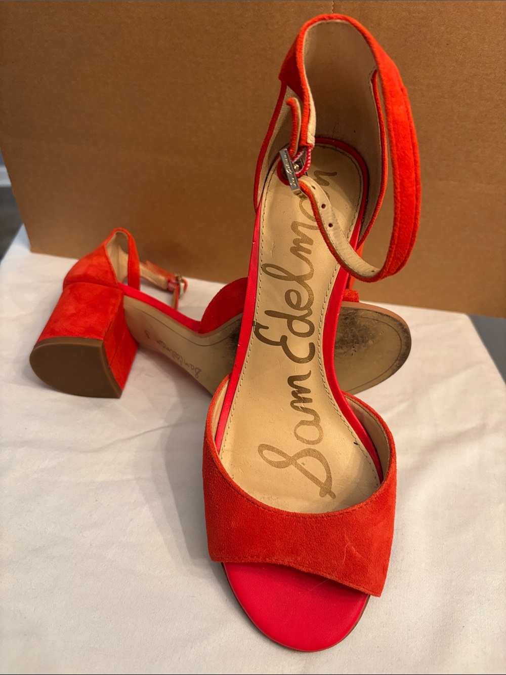 Sam Edelman Red Suede Block Heel Sandals, Size 6.5